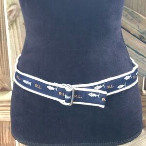 RL Polo Navy Ribbon Belt White Fish Pattern on White Webbing with Double Rings